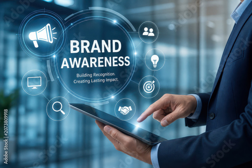 Brand awareness marketing concept with businessman using tablet and digital icons for recognition and engagement, professional technology interface conveying strategy and communication