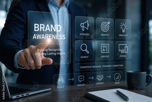 Brand awareness strategy identity creativity search content digital reach engage connect grow, businessman touching transparent interface highlighting brand awareness and marketing concepts with