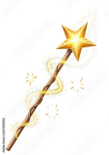 highly detailed illustration of a whimsical pale oak magic wand with spiral carvings and a yellow velvet star topper, isolated on a bright white background, emitting dynamic golden helix magic