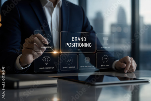 Business professional in suit interacting with transparent touchscreen displaying brand positioning strategy and marketing icons, modern office background with tablet and notebook
