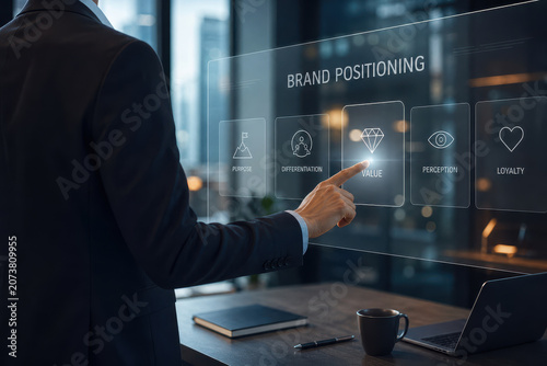 Brand positioning value differentiation perception loyalty purpose business strategy concept displayed on transparent touchscreen in modern office with executive pointing