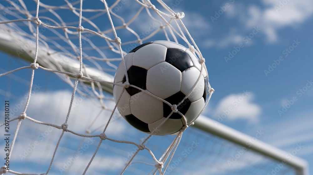 Naklejka premium Soccer ball hitting the net of a goal against a blue sky, symbolizing success and achievement