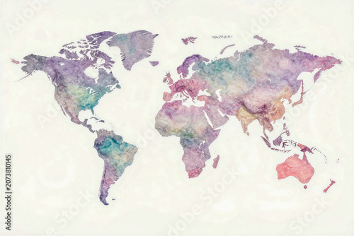 Watercolor World Map with Pastel Colors and Artistic Texture on White Background