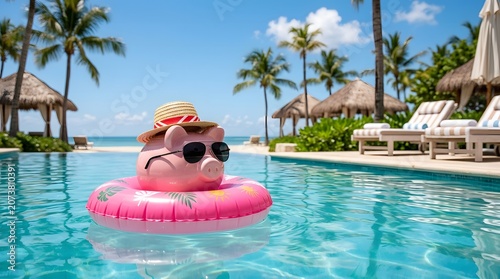 Pink pig floatie in pool with sunglasses and hat