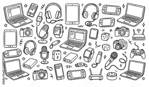 Digital Device Doodle Set Black and White with Smartphones Laptops and Smart Tech