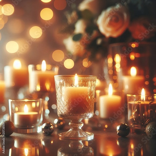 Warm elegant candles in glass holders with flowers and metallic decor