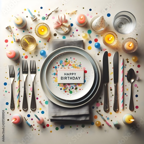Colorful birthday party table setting with a happy birthday card