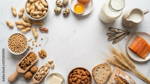 Circular flatlay of major allergen foods including nuts soy fish wheat milk and eggs for food allergy awareness background and educational flyer. Copy space