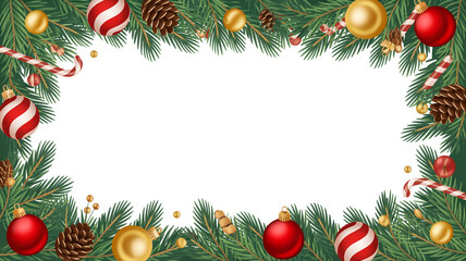 A festive Christmas border frame made of evergreen branches and ornaments