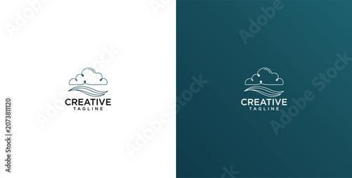 Modern abstract cloud computing network logo with interconnected data points and a dynamic wave element, representing innovative digital 