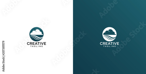 Minimalist Cloud and Ocean Wave Circular Logo Design Symbol for Modern Business Branding Identity