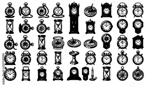 Obraz na płótnie Vintage Timekeeping Elements Engraving Sketch Vector Collection in Black and Whi