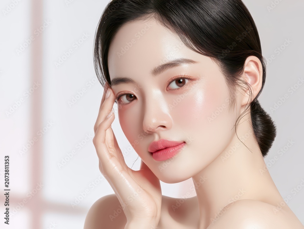 Obraz premium Portrait of a beautiful young woman with flawless glowing skin, natural makeup and elegant pose. Skincare and beauty concept, professional studio photography for cosmetic branding