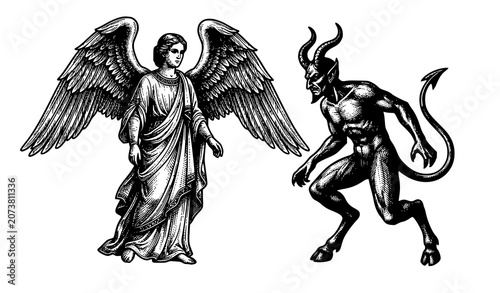 Fotografie Angel and Devil Concept Vintage Engraving Style Black and White Vector Illustrat