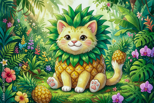 Whimsical Pineapple Cat Creature with Green Leaf Mane in Tropical Jungle