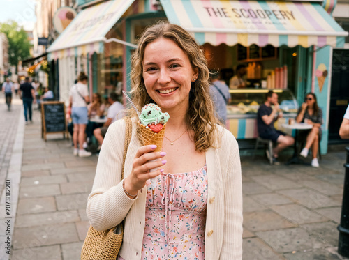 Cheerful Young Woman Holding Mint Ice Cream Cone in Summer City Street