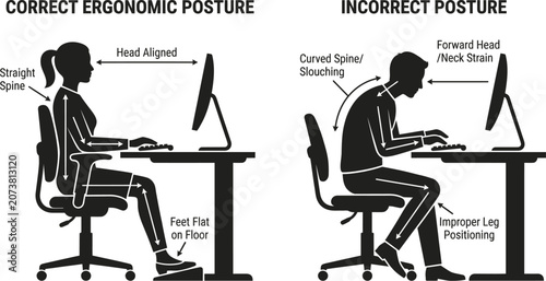 Tableau sur toile correct and incorrect ergonomic posture at desk with computer  proper sitting po