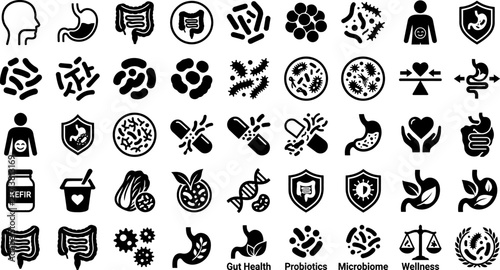Photos Gut health and wellness icons set for microbiome and probiotics concepts  variou
