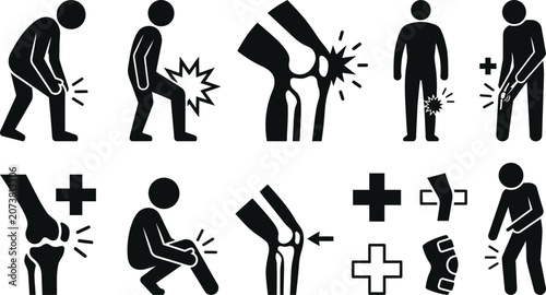 black silhouettes of people with knee injuries and medical symbols for health and pain