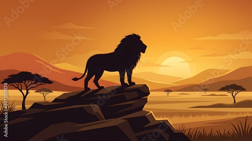Majestic lion standing on a rocky outcrop at sunset in savannah