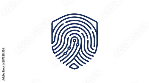 A fingerprint scan forms a shield emblem on a white background with blue lines.
