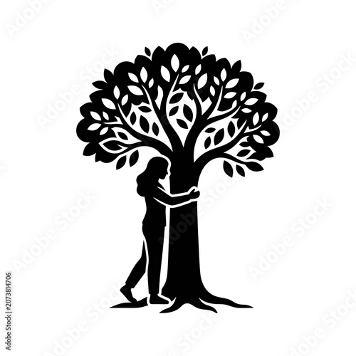 Minimalist Silhouette of Person Hugging Leafy Tree for Nature Care