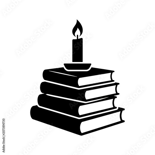 Minimalist Silhouette of Stacked Books with Burning Candle Icon