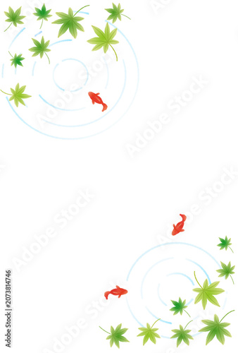 新緑と金魚と水面の涼しげなベクターイラスト　暑中見舞い•残暑見舞い•夏の挨拶状