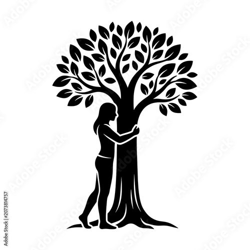 Minimalist Silhouette of Woman Hugging Leafy Tree