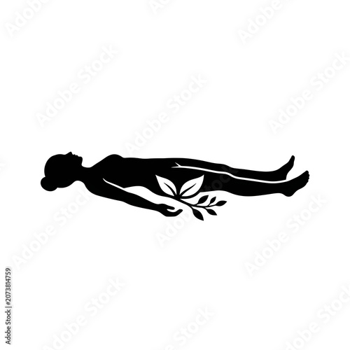 Minimalist Silhouette of Woman in Restful Yoga Pose with Leaves