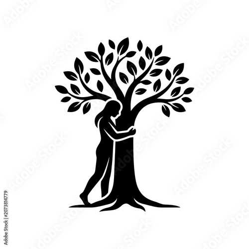 Minimalist Silhouette Woman Embracing Tree Nature Connection Icon
