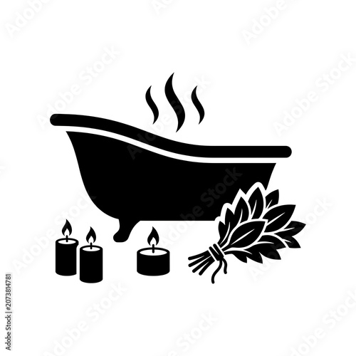 Minimalist Spa Silhouette Icon with Steaming Bathtub and Birch Whisk