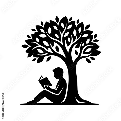 Minimalist Silhouette of Person Reading Book Under Tree Shade