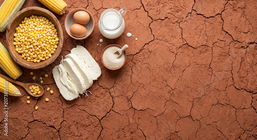 Overhead view of Venezuelan Cachapa corn pancake ingredients on red clay earth