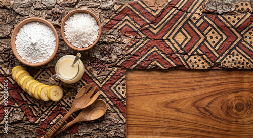 Top down view of Brazilian Tapioca Crepe ingredients on Amazonian motif wood