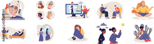 Fotografie Mental health and psychology therapy flat vector illustration set with characters
