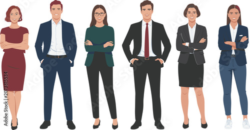 Professional business people team collection, confident office workers standing isolated vector illustration corporate staff characters set