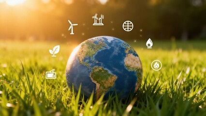 Earth globe in grass with icons