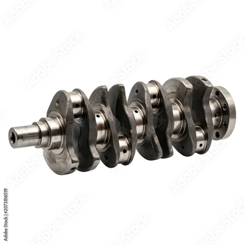 Crankshaft On White Solid Background, Engine Component For Power Transmission, Automotive Mechanical Part With Detailed Metal Finish
