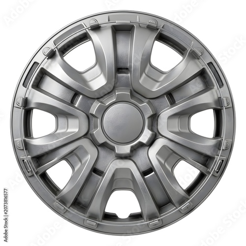 Outdoor Plastic Hubcap On White Solid Background, Modern Vehicle Wheel Cover With Reflective Surface, Automotive Accessory For Stylish Car Design