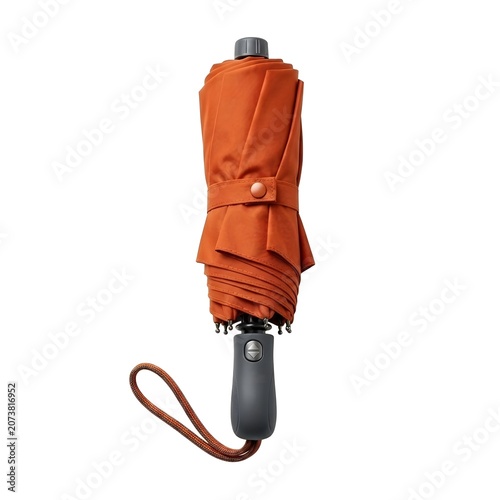 Warm Compact Umbrella On White Solid Background, Foldable Weather Accessory With Sturdy Frame, Practical Protection Tool For Rainy Or Sunny Days