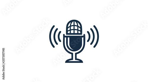 A microphone icon represents a podcast media recording device with sound waves.