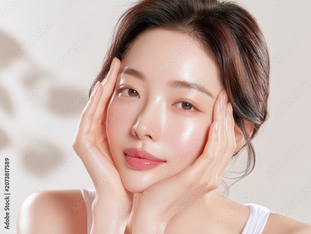 Naklejka premium Beautiful young woman with glowing radiant skin, natural makeup and soft lighting. Close up beauty portrait for skincare, wellness, dermatology, spa branding and cosmetic