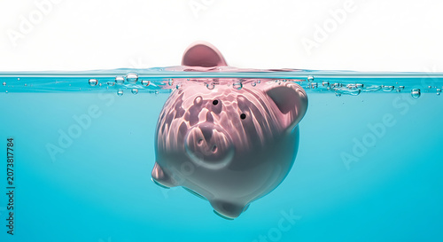 A pink piggy bank submerged in clear blue water, with only its back and snout visible above the surface, symbolizing financial trouble.