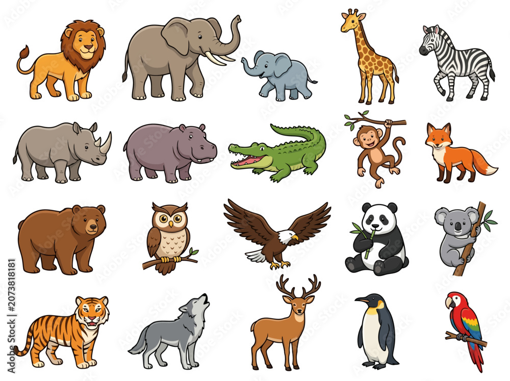 Obraz premium A collection of various wild animals illustrated in a cute cartoon style.