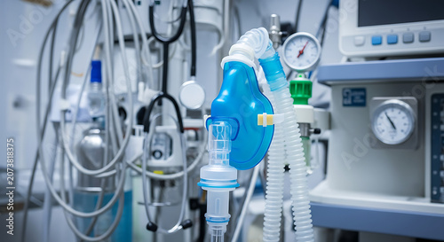 Close-up of a complex medical ventilator machine with a blue mask and various tubes and gauges in a hospital setting.