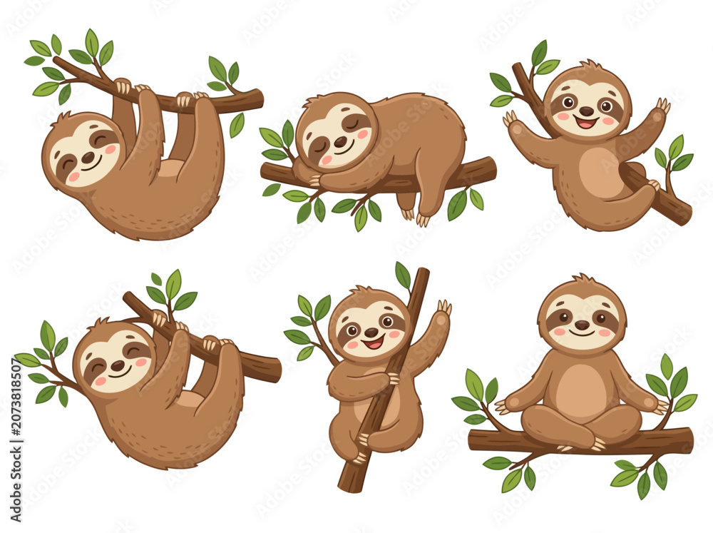 Fototapeta premium A collection of cute cartoon sloths in various poses on tree branches.
