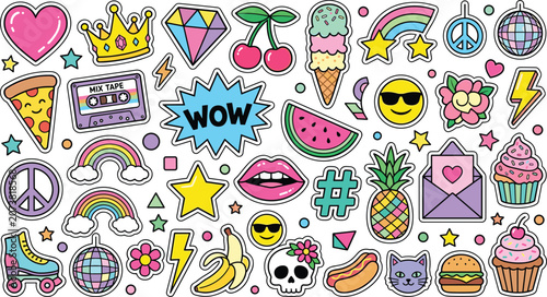 Fotografie Large Colorful Retro Girly Sticker Set with Emoji Food Rainbow Peace Sign Casset