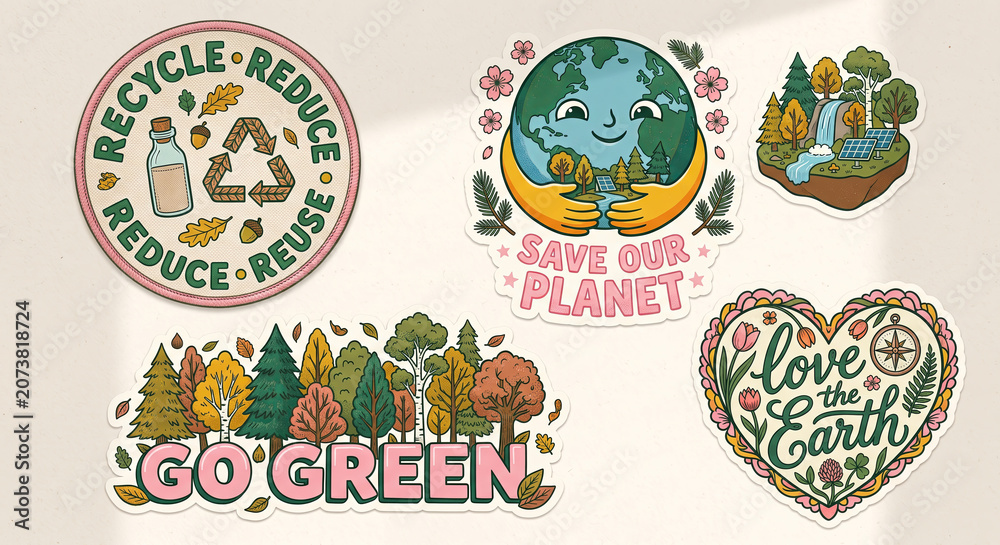 Fototapeta premium A set of environmental-themed stickers promoting eco-friendly habits and nature conservation with vintage illustration style.