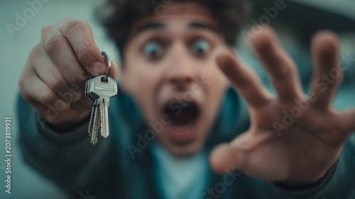 A young Caucasian man reaching for keys with an expression of panic and urgency.